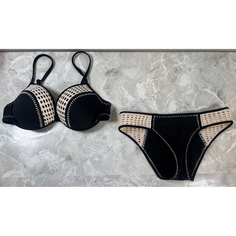 Victorias Secret Black Crochet Whipstitch Bikini Set Push Up 36D‎ Medium M